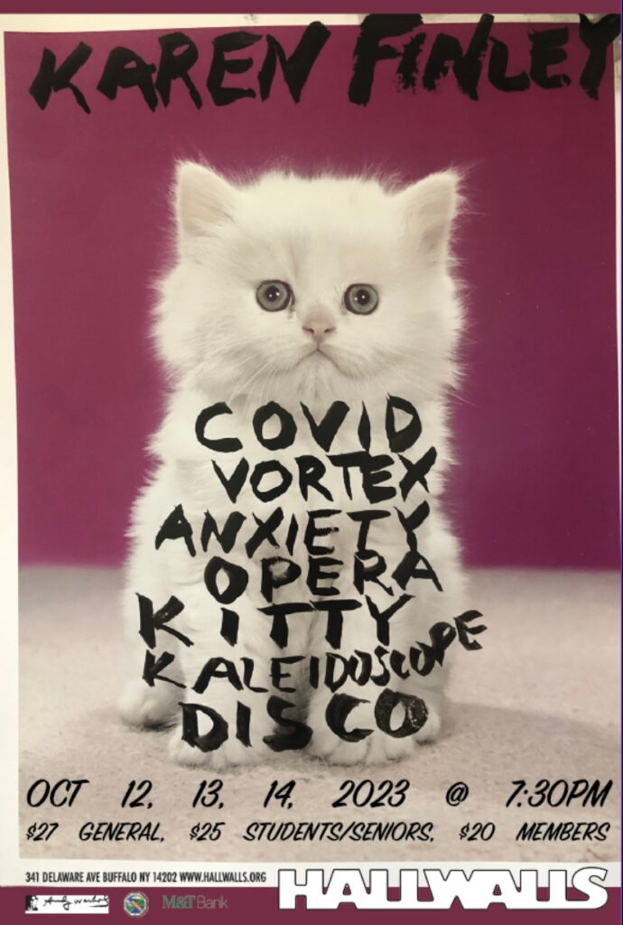 A white kitten with mauve background and text overlay reading COVID Vortex Anxiety Opera Kitty Kaleidoscope Disco.